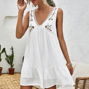 Lace Trim Embroidered Smock Dress/ SHEIN